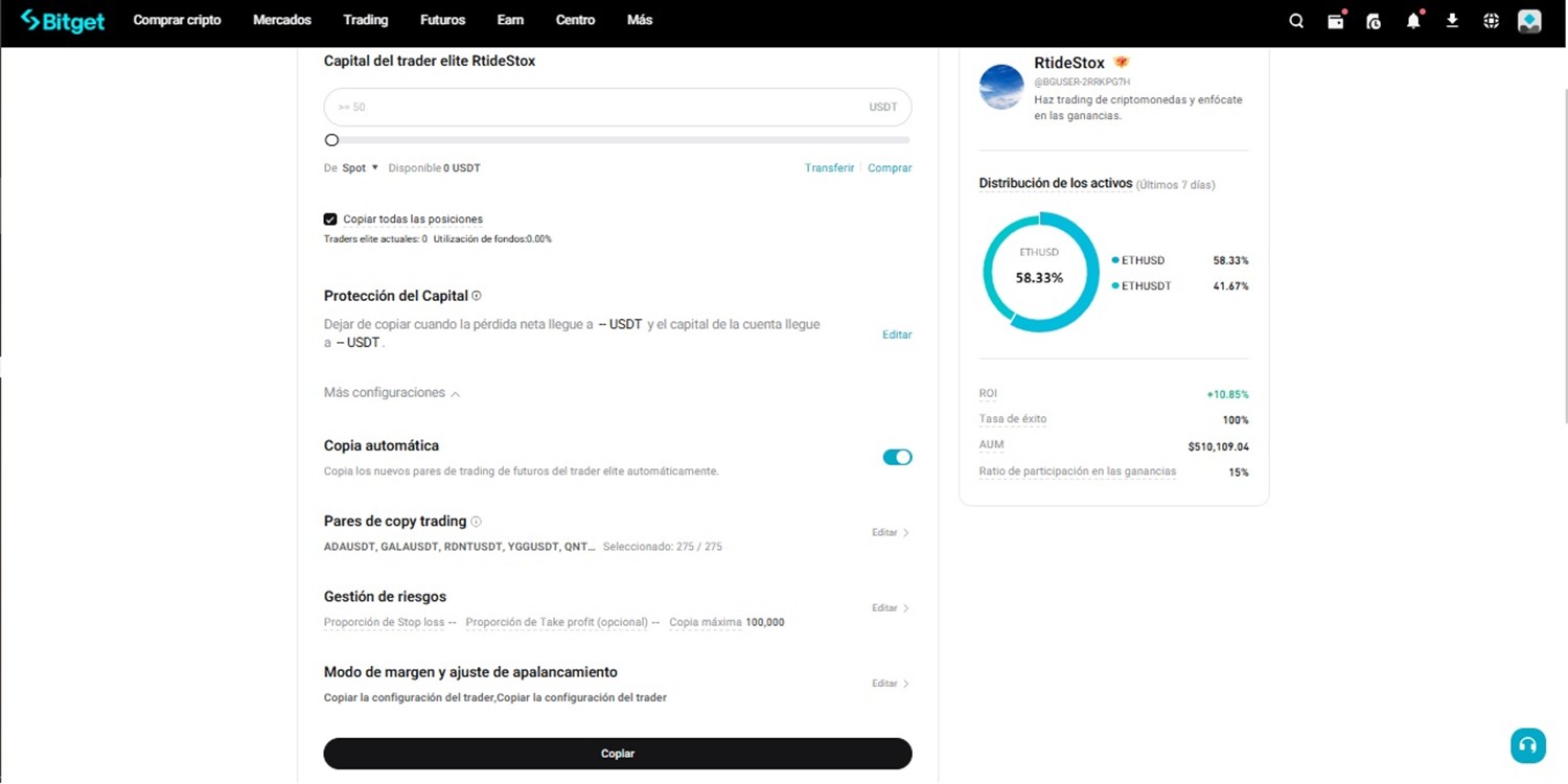 Configuración copy trading futuros en Bitget.