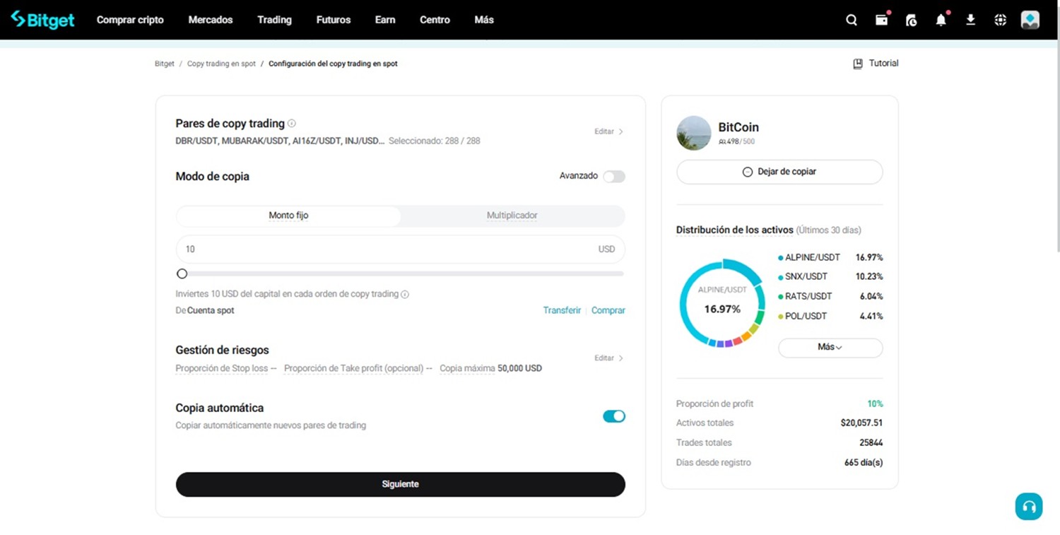 Configuración de copy trading spot en Bitget.