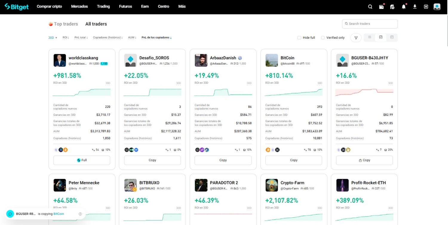 Perfiles de traders para copy trading en Bitget.