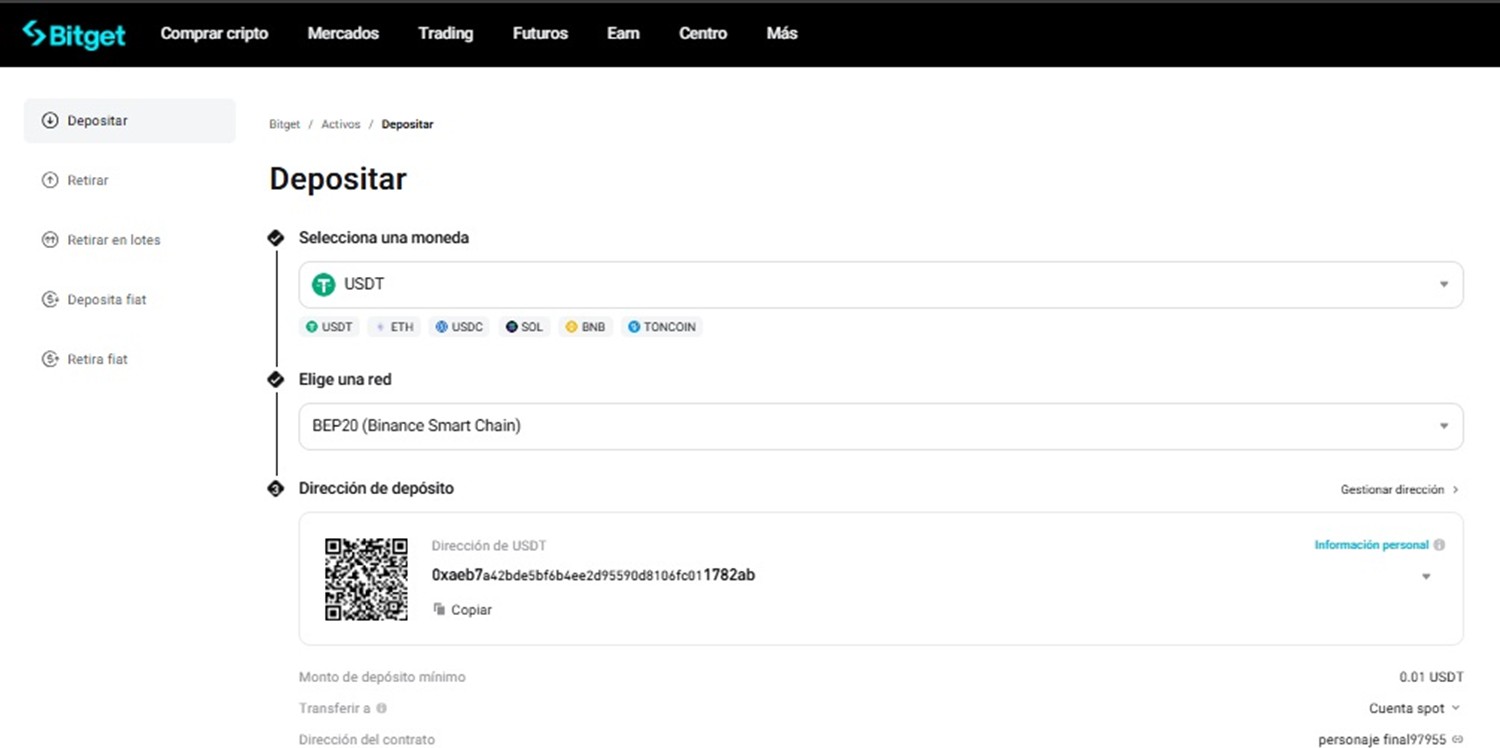 Pantalla de depósito en Bitget.