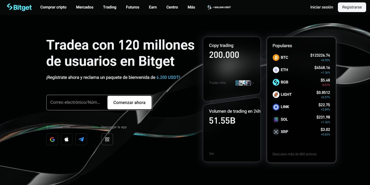 Pantalla de inicio de Bitget para registrarse.
