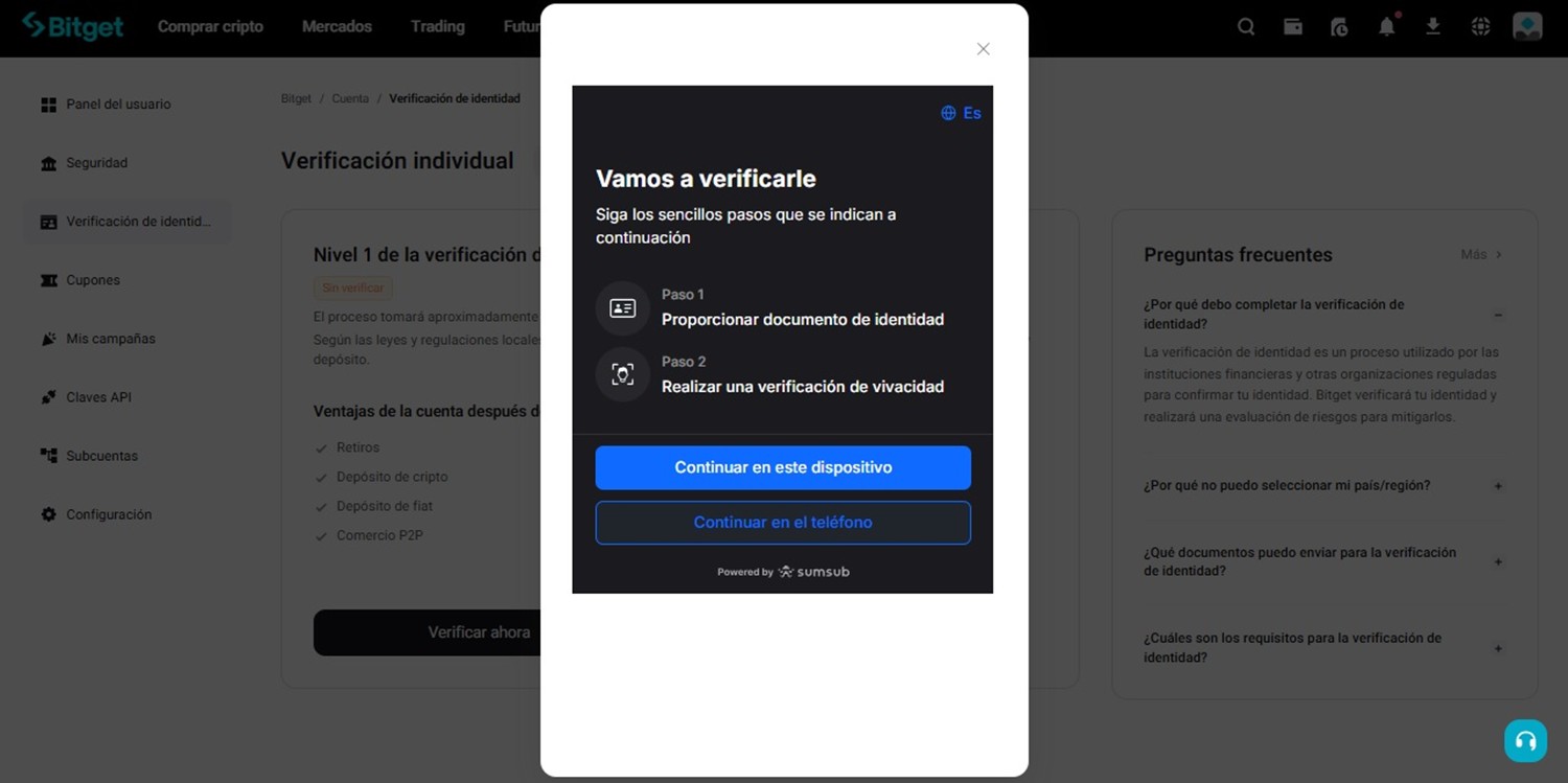 Pantalla del proceso de verificación KYC en Bitget.