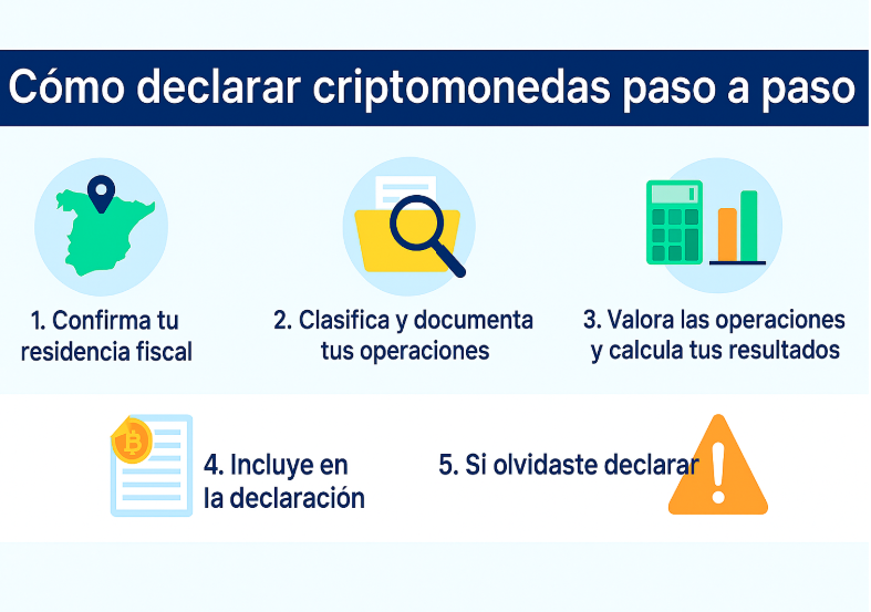 Infografía con los pasos para declarar criptomonedas en España
