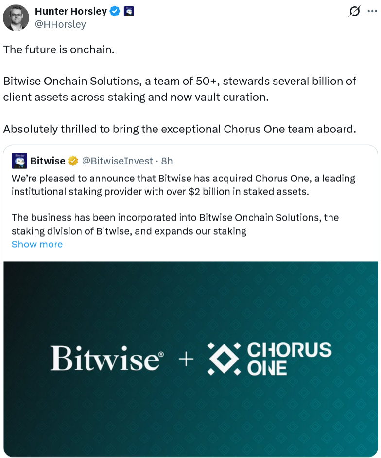 ¡Boom! Bitwise se hace con Chorus One y prepara el terreno para una avalancha de ETFs con staking
