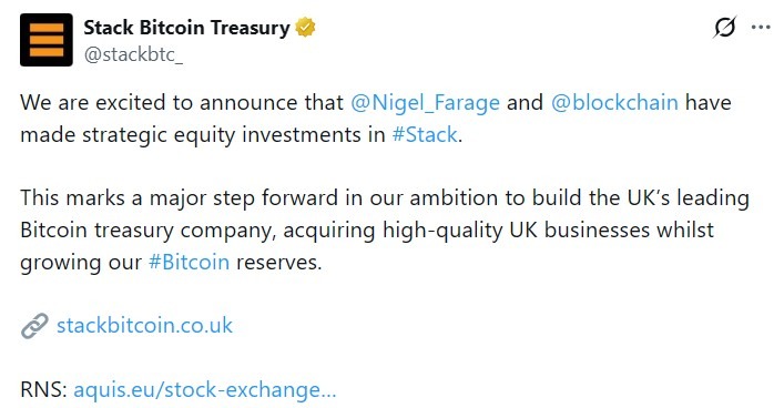 ¡Increíble! Farage apuesta por Stack BTC y ahora controla el 6,31% ¡No vas a creer lo que viene!