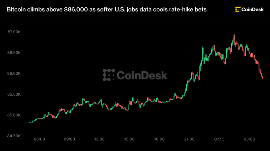 ¡Bitcoin se dispara casi a 87,000 dólares y rompe récord de 8 meses... pero luego da un giro inesperado!
